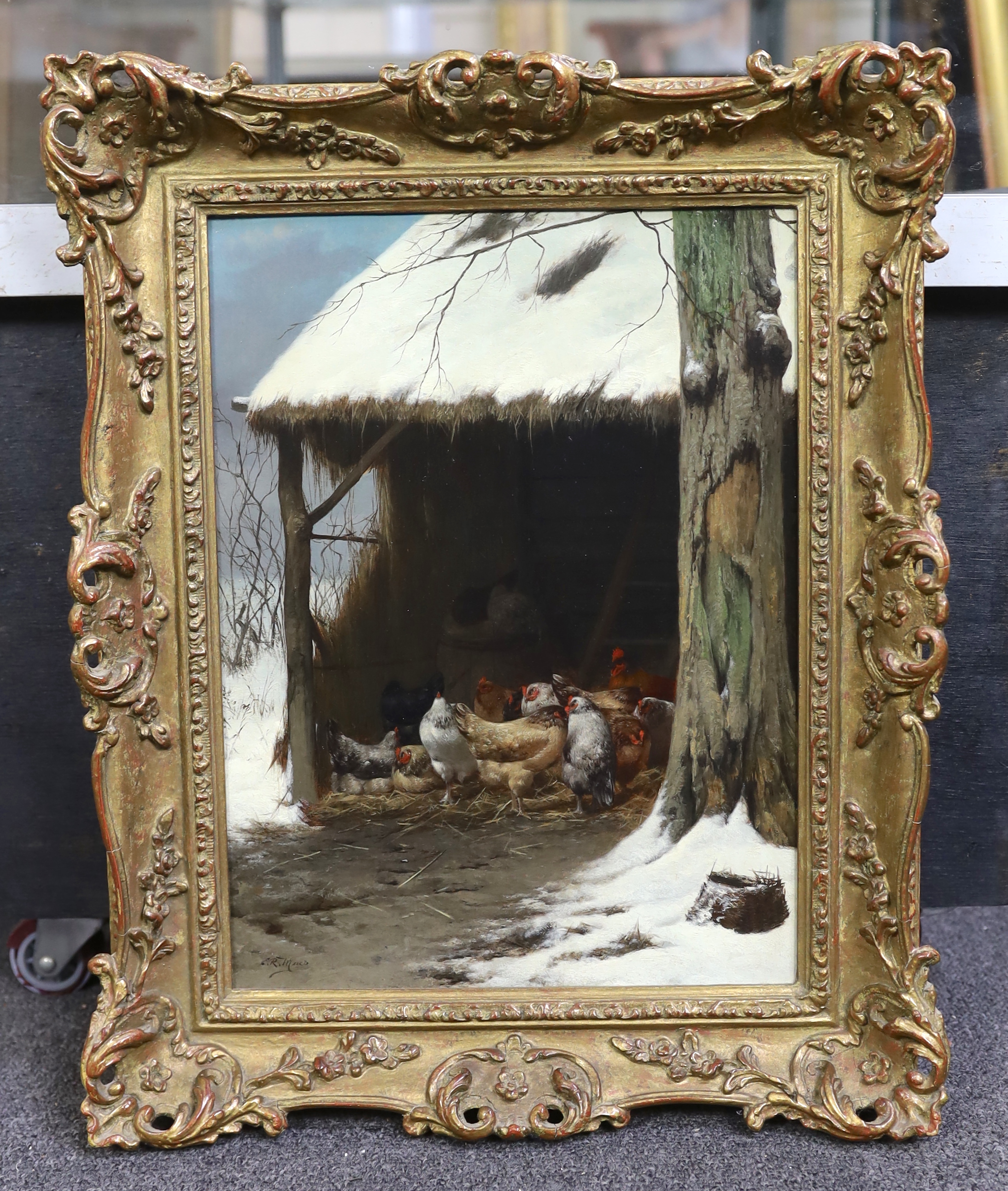 Eugene Remy Maes (Belgian, 1849-1931), Chickens sheltering from the snow in winter, oil on panel, 35 x 25.5cm